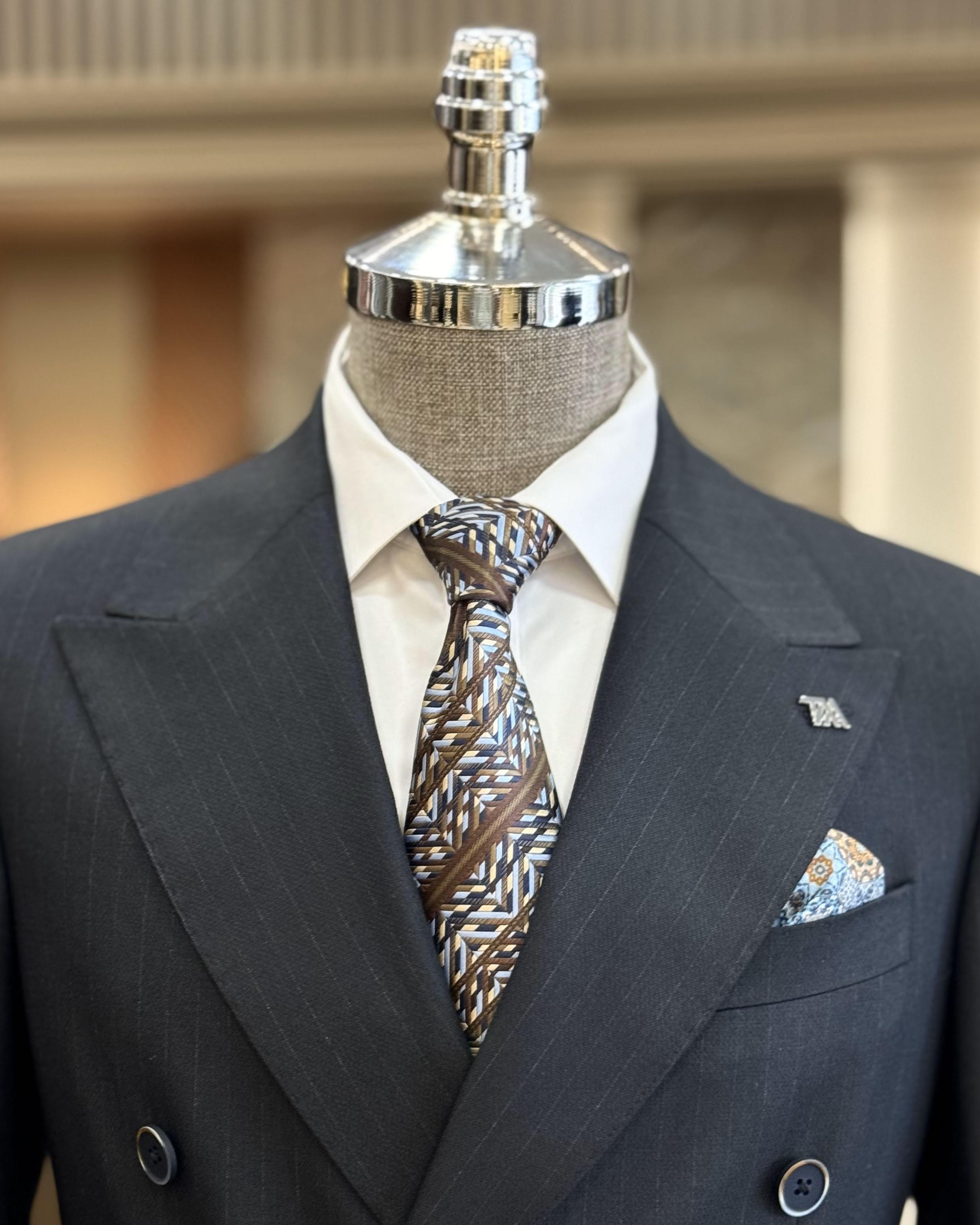 Dark Blue Pinstripe Double Breasted Fancy Business Suits For Men
