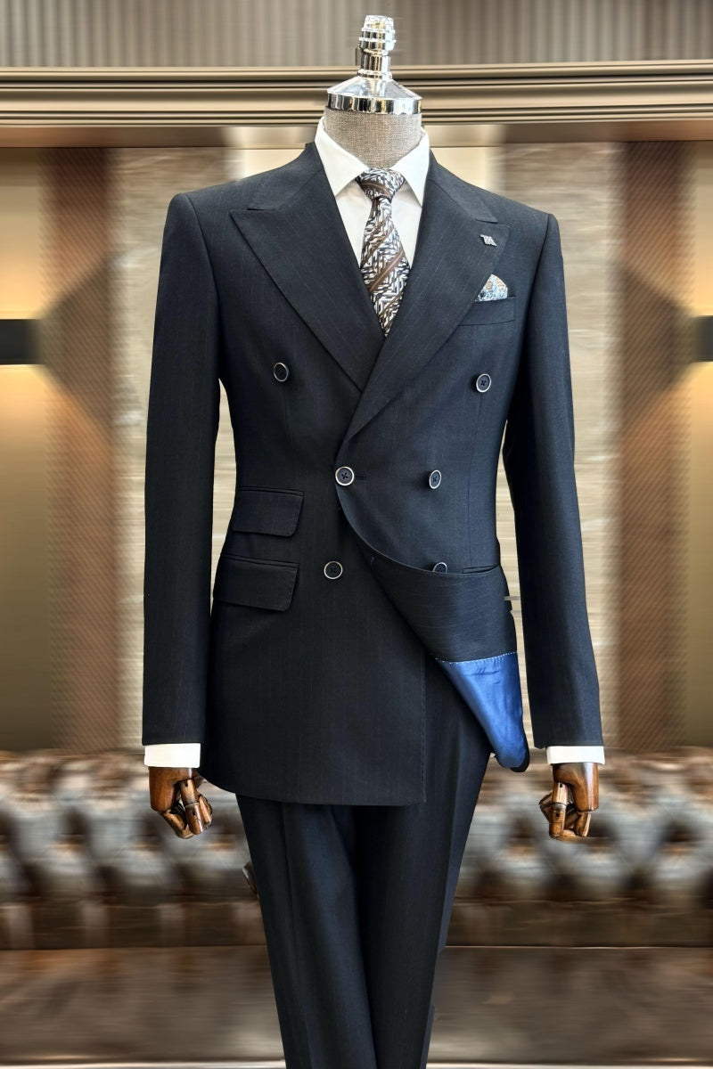 Dark Blue Pinstripe Double Breasted Fancy Business Suits For Men