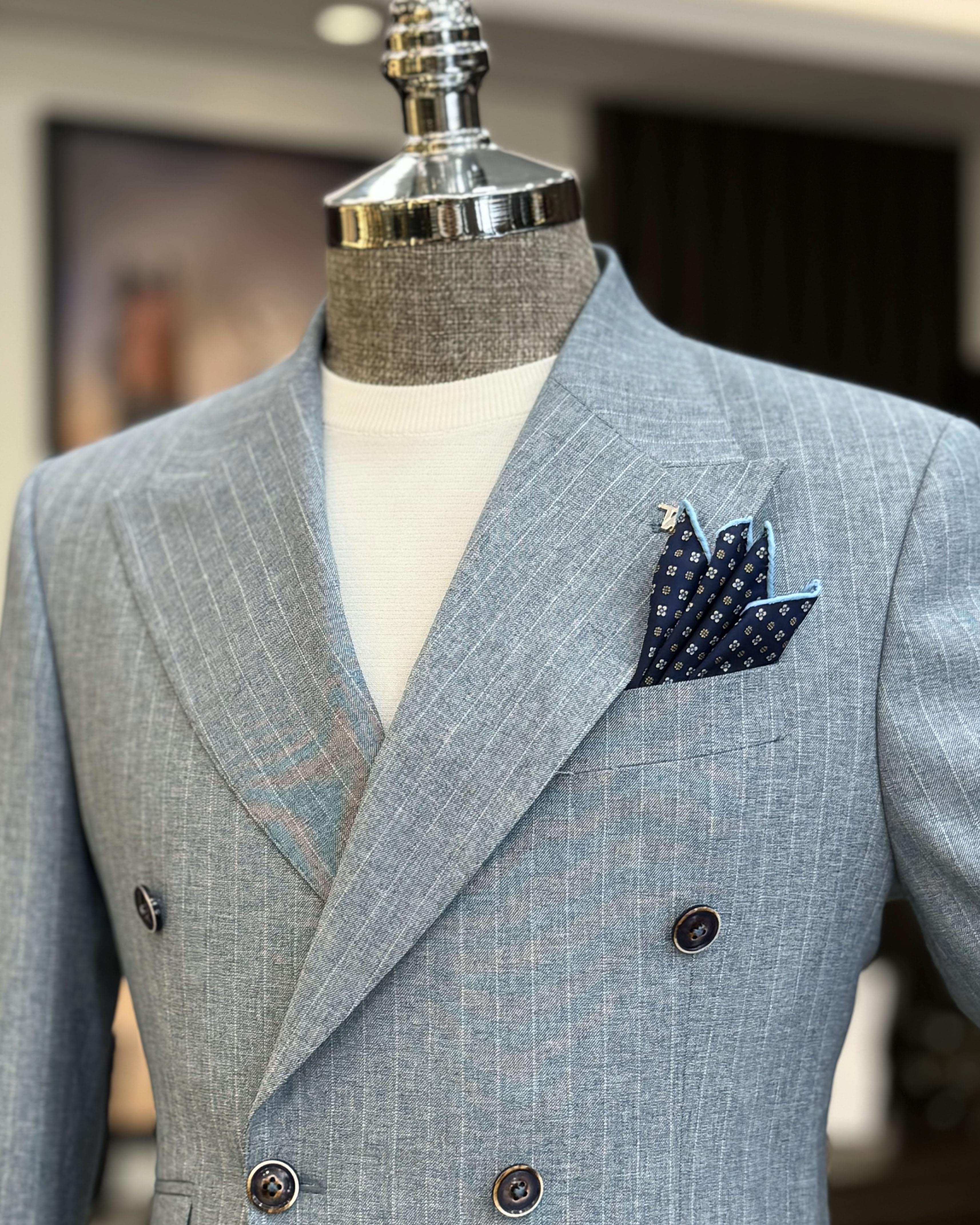 Stylish Light Gray Striped Double Breasted Business Suits For Men