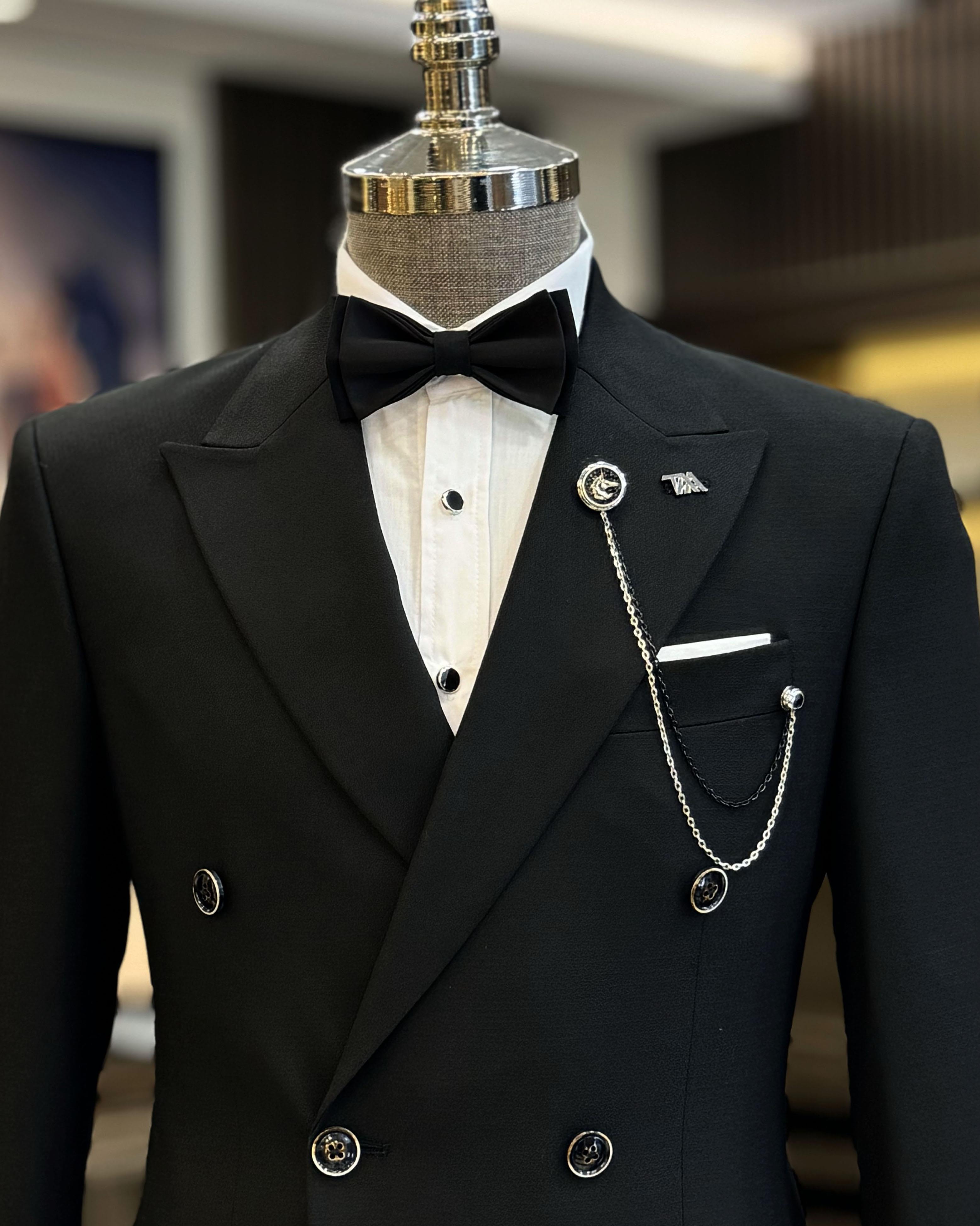 Classic Black Newest Double Breasted Peaked Lapel Business Suits