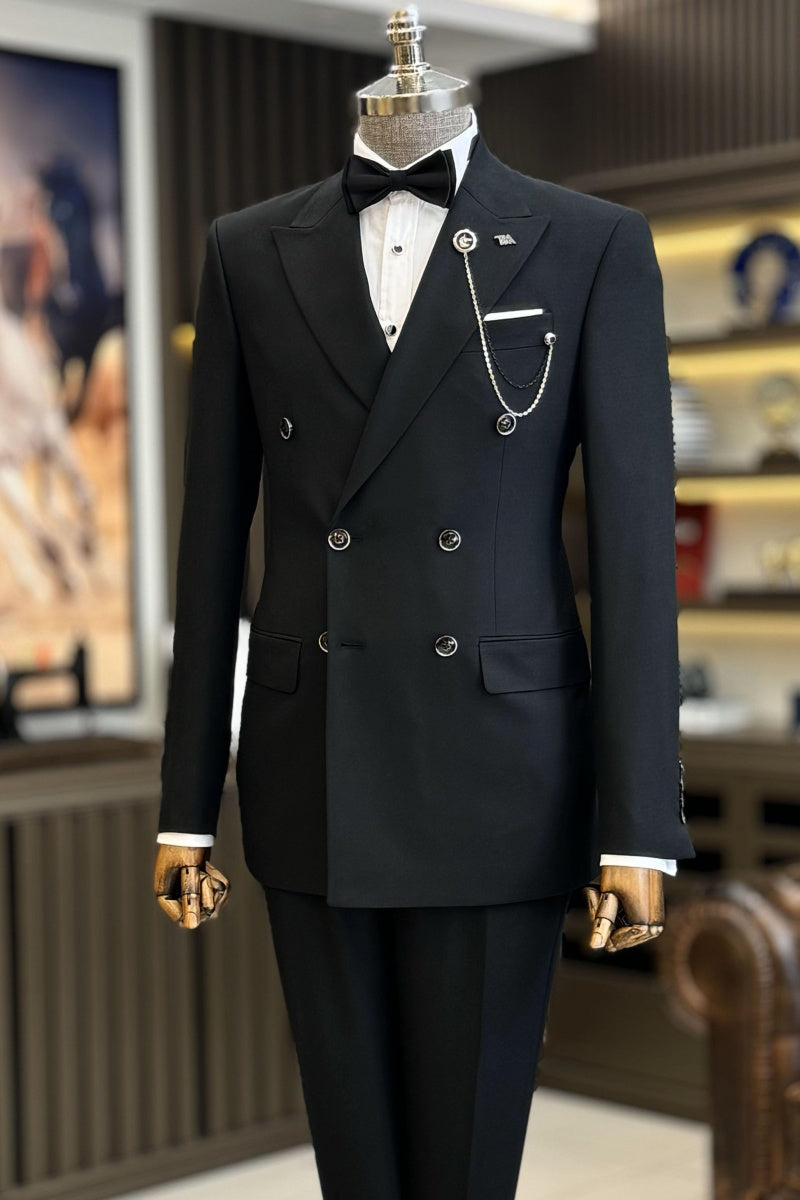 Classic Black Newest Double Breasted Peaked Lapel Business Suits