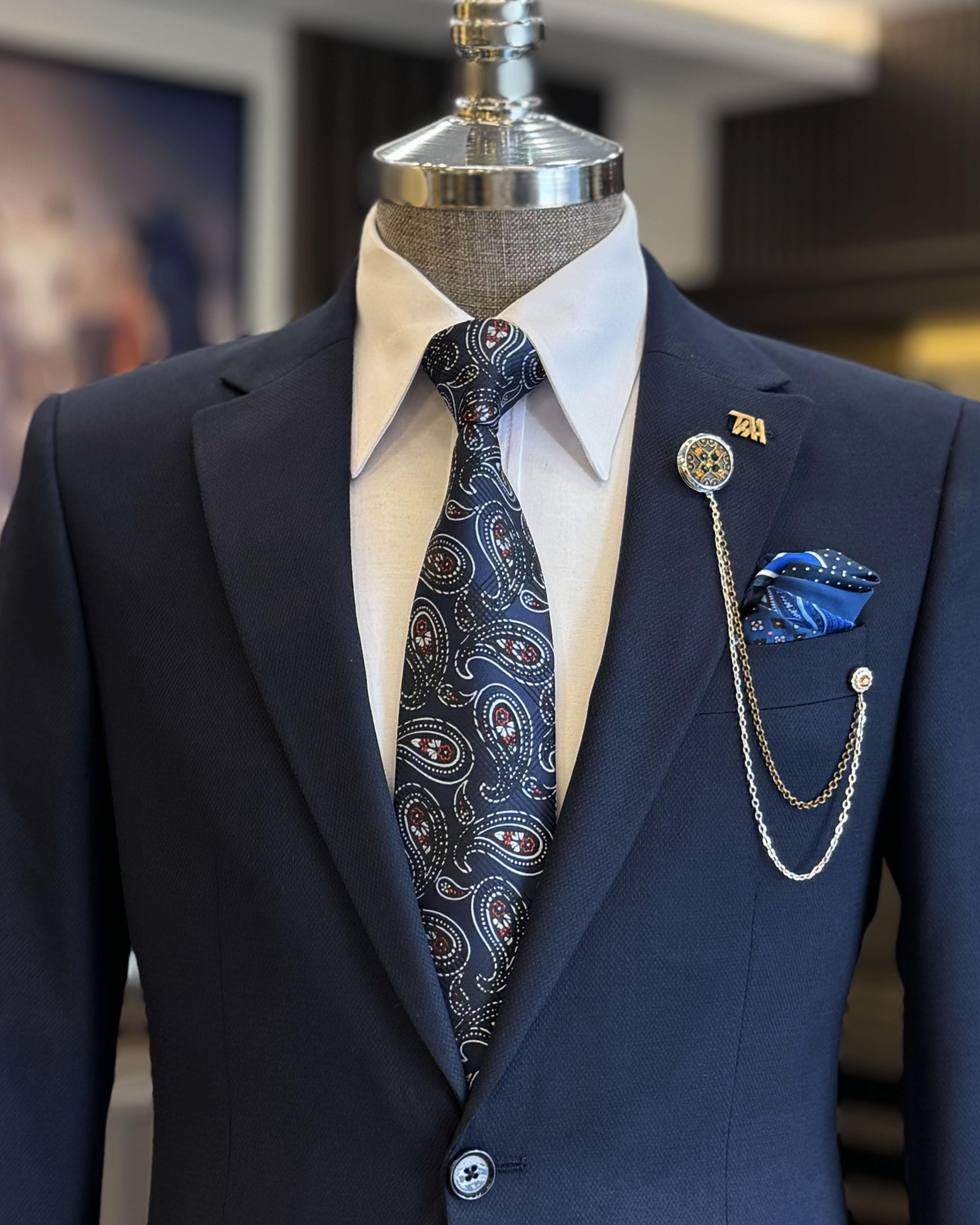 Modern Dark Blue Notched Lapel Slim Fit Men’s Suits