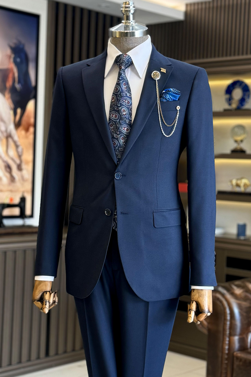 Modern Dark Blue Notched Lapel Slim Fit Men’s Suits
