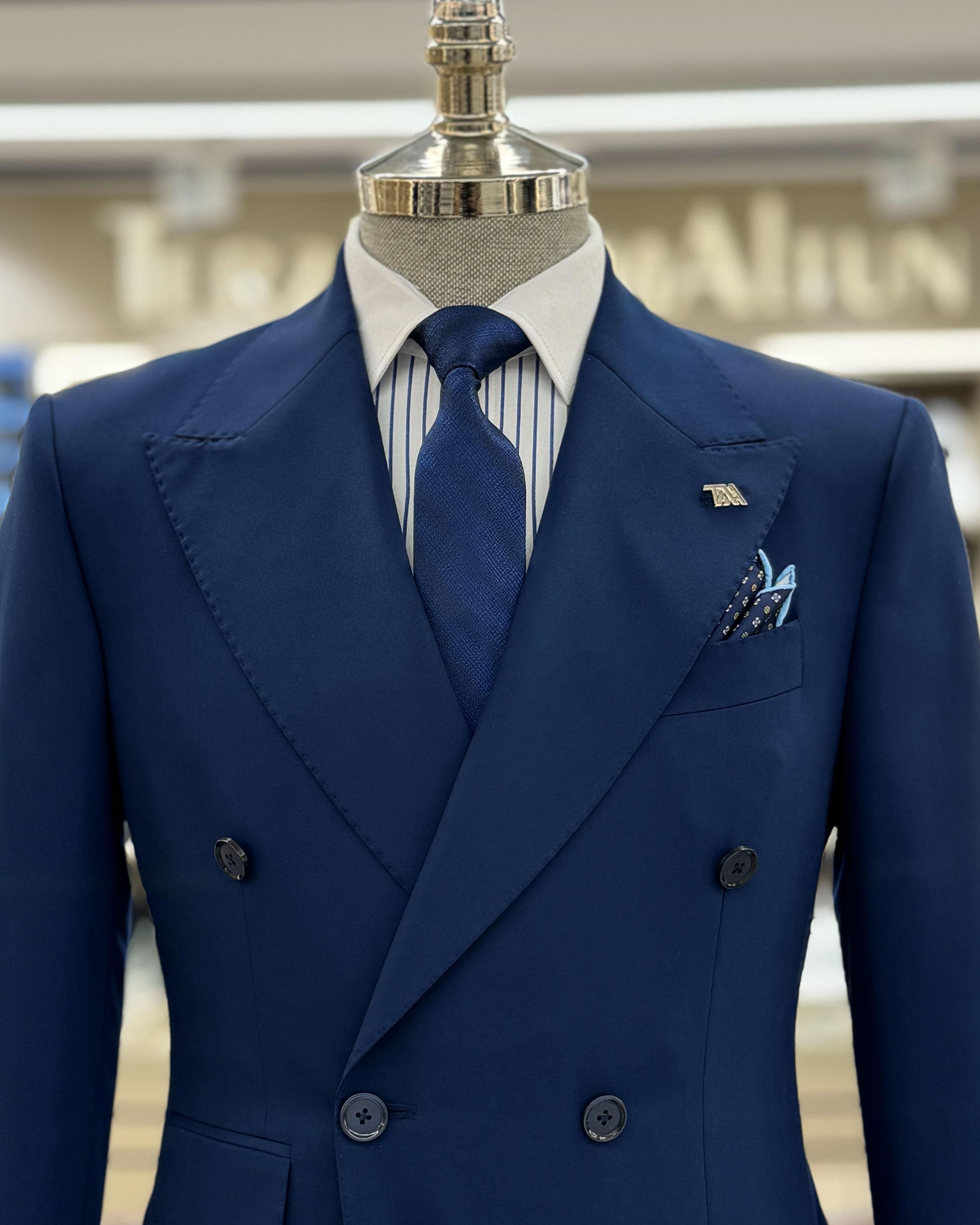Modern Dark Navy Double Breasted Close Fitting Business Suits