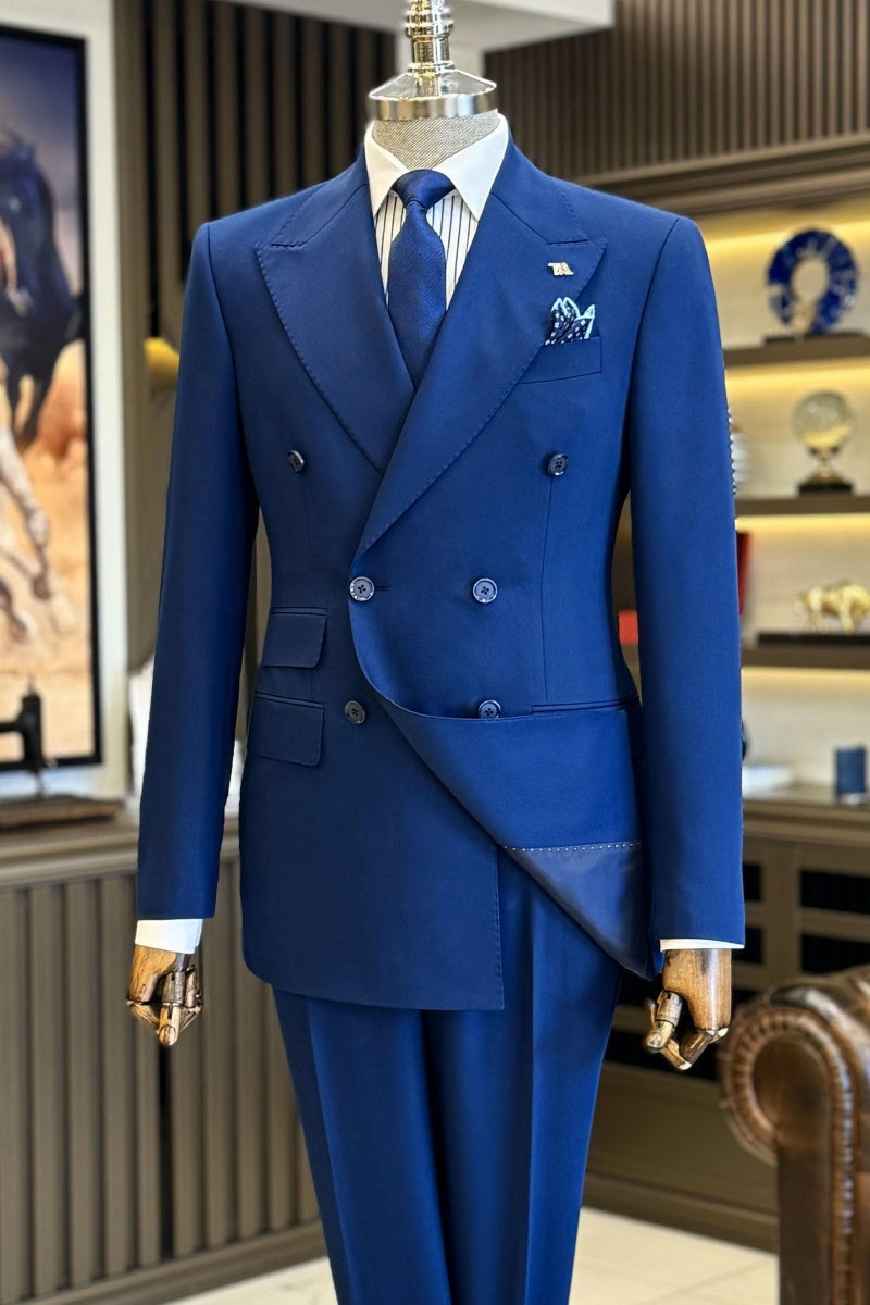 Modern Dark Navy Double Breasted Close Fitting Business Suits
