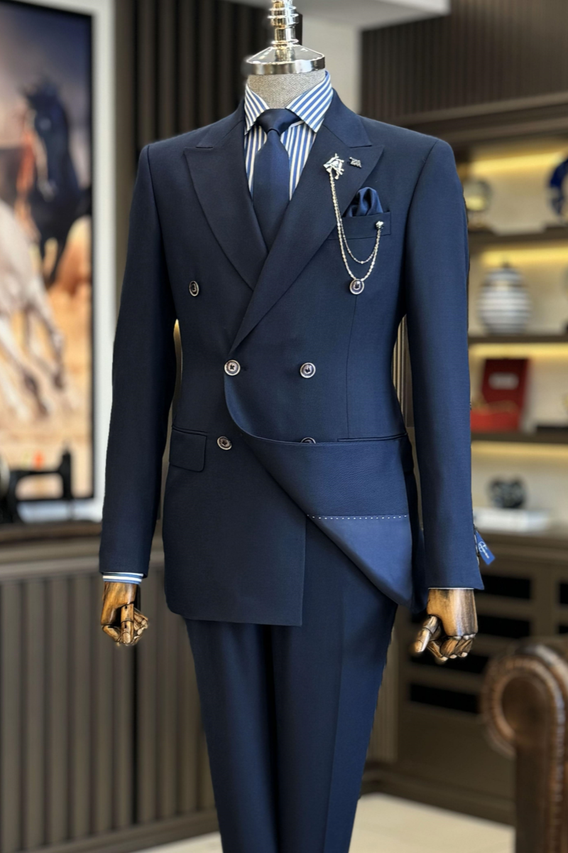 Fancy Dark Blue Double Breasted Close Fitting Formal Suits For Men