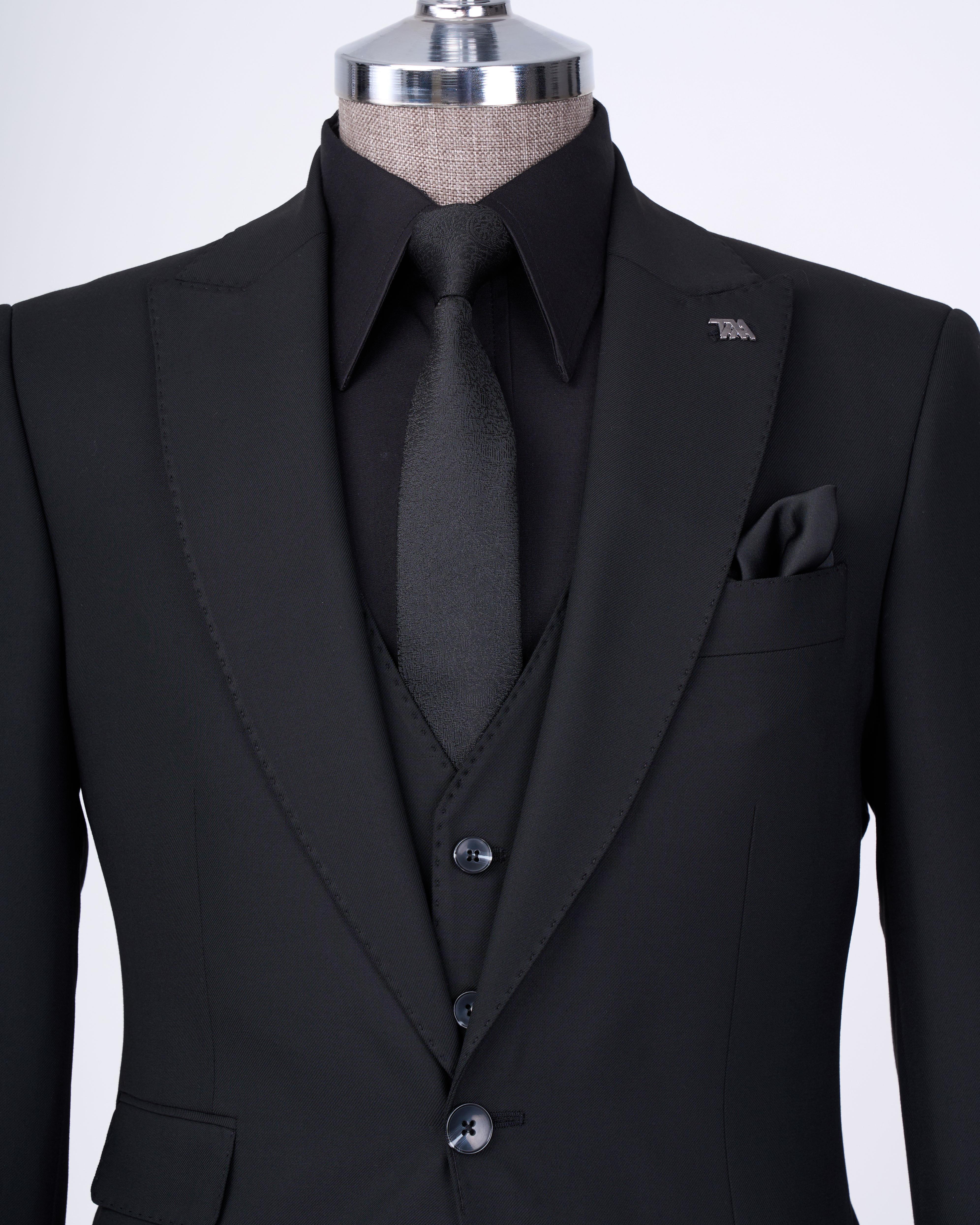 Newest Black Peaked Lapel Slim Fit Men’s Suits With Waistcoat