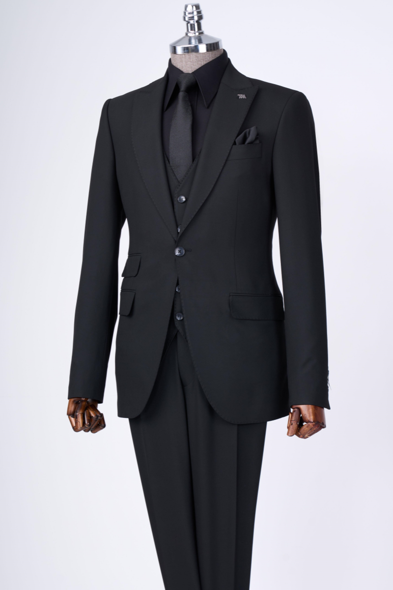 Newest Black Peaked Lapel Slim Fit Men’s Suits With Waistcoat