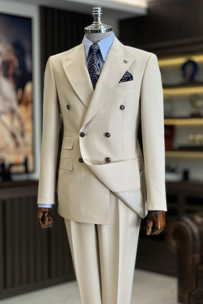 Fancy Off-White Double Breasted Close Fitting Formal Suits For Men