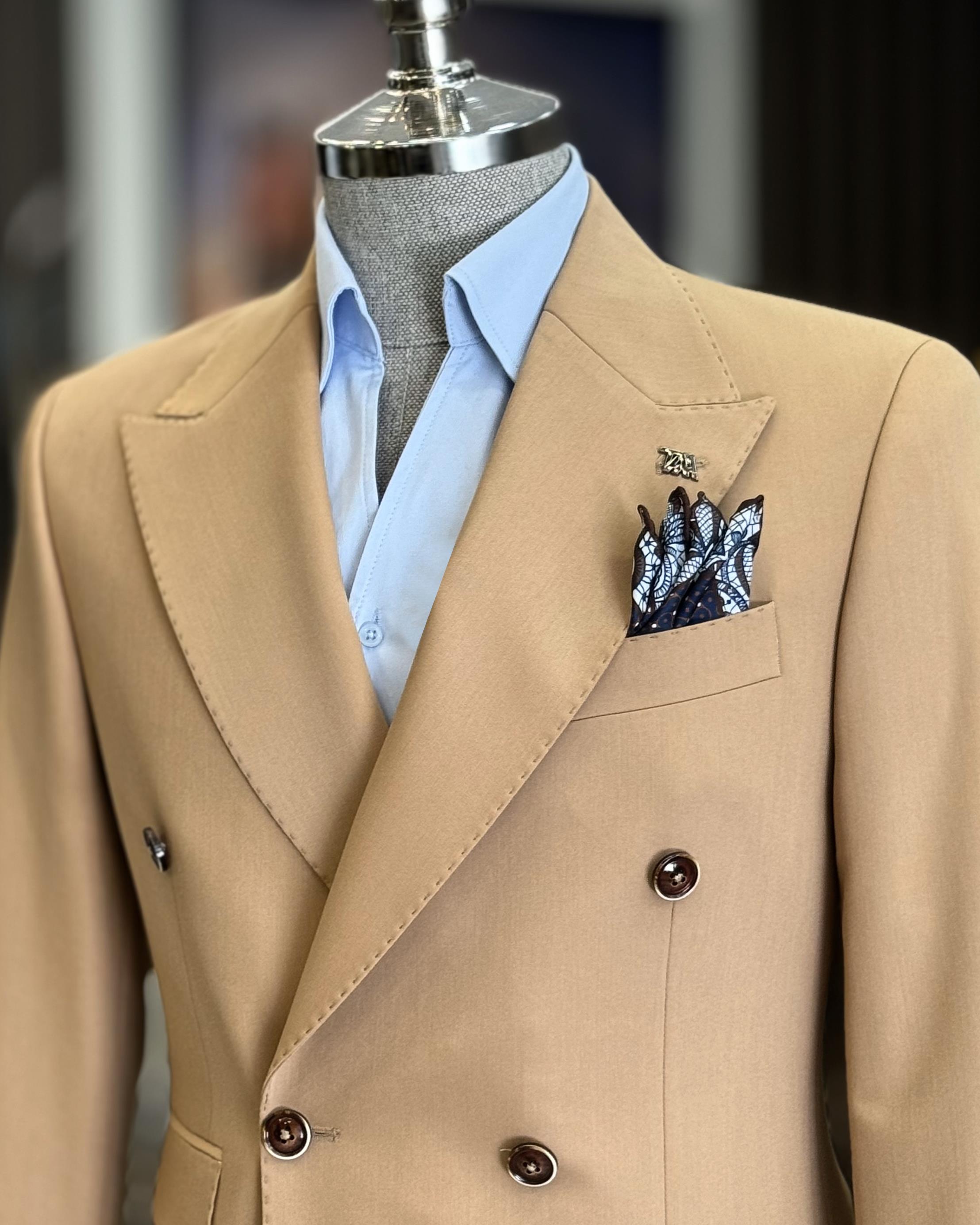 Stylish Light Brown Newest Peaked Lapel Double Breasted Men’s Suits
