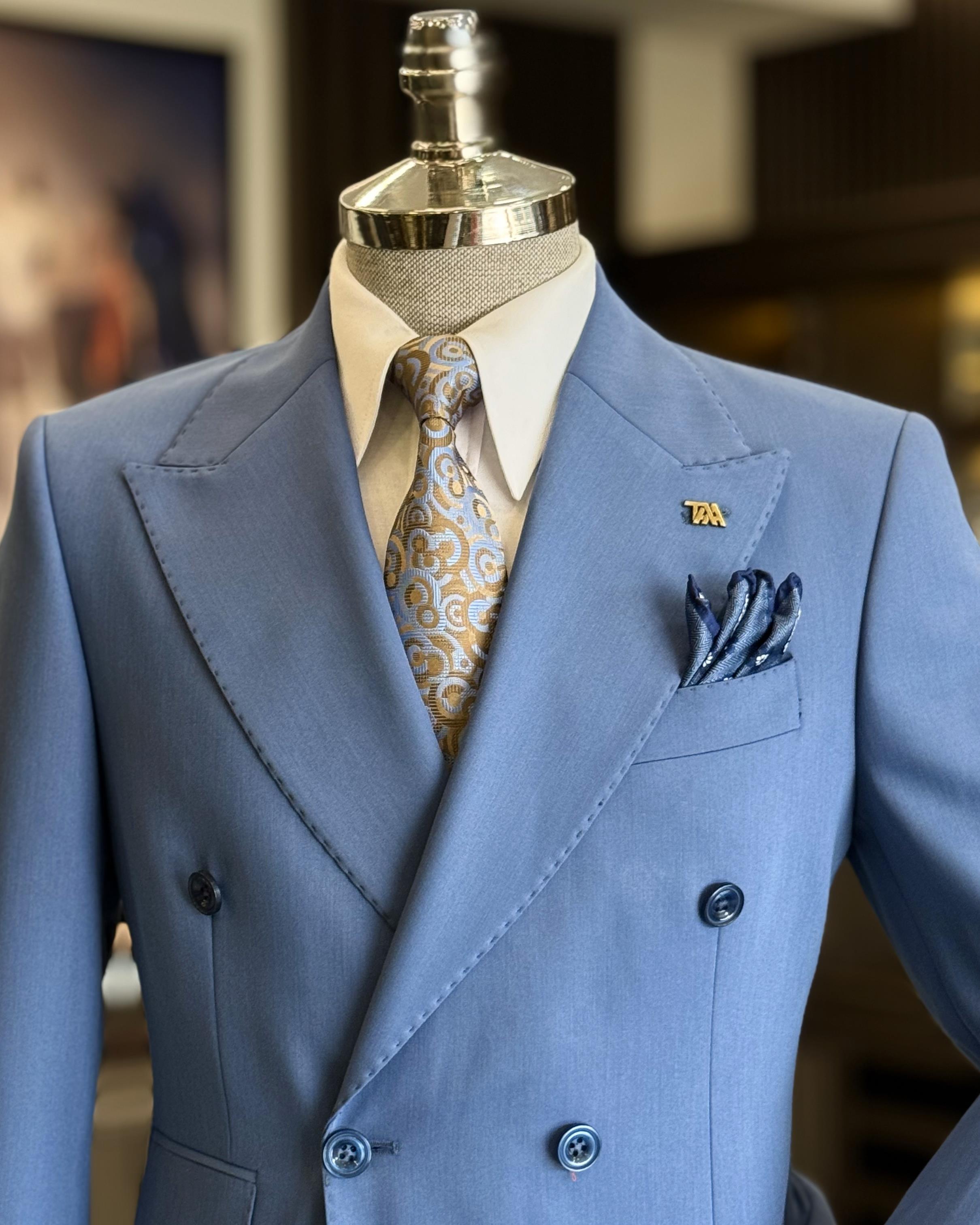 Newest Light Blue Peaked Lapel Double Breasted Men’s Suits
