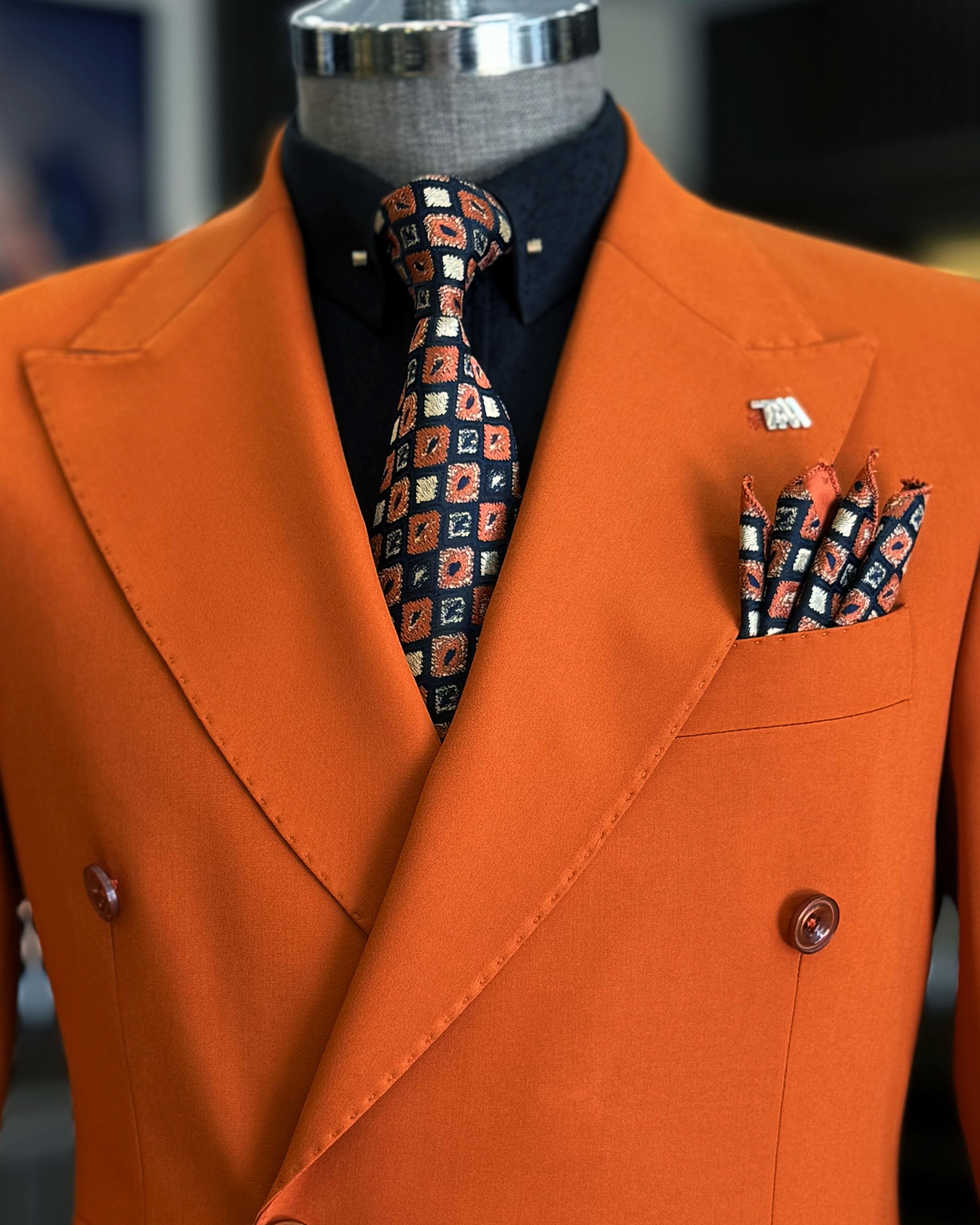Newest Orange Peaked Lapel Double Breasted Prom Suits