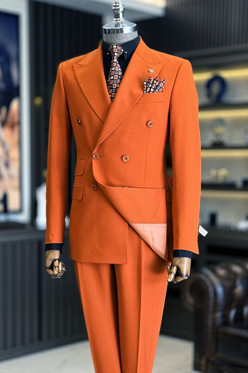 Newest Orange Peaked Lapel Double Breasted Prom Suits