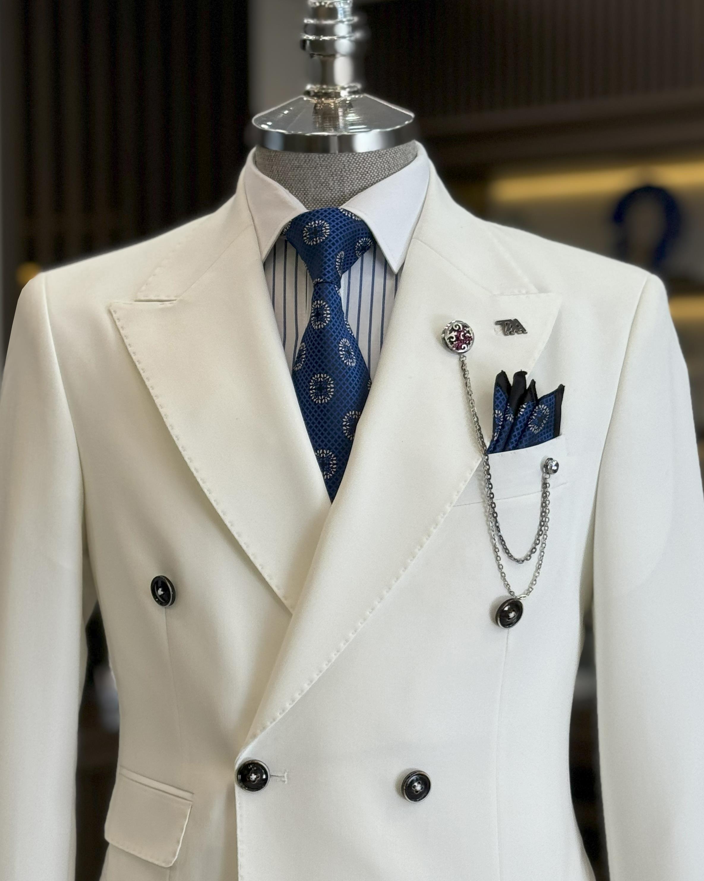Classic White Bespoke Double Breasted Slim Fit Suits For Men