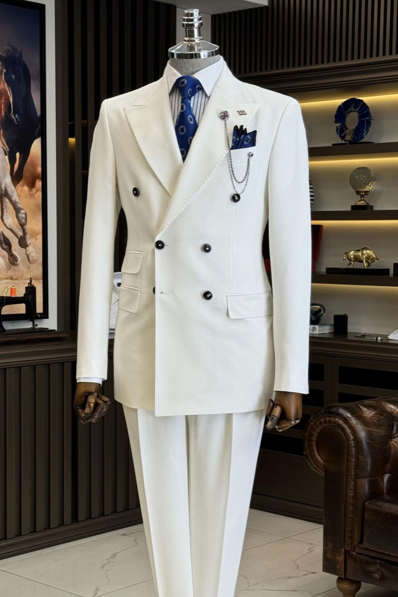 Classic White Bespoke Double Breasted Slim Fit Suits For Men