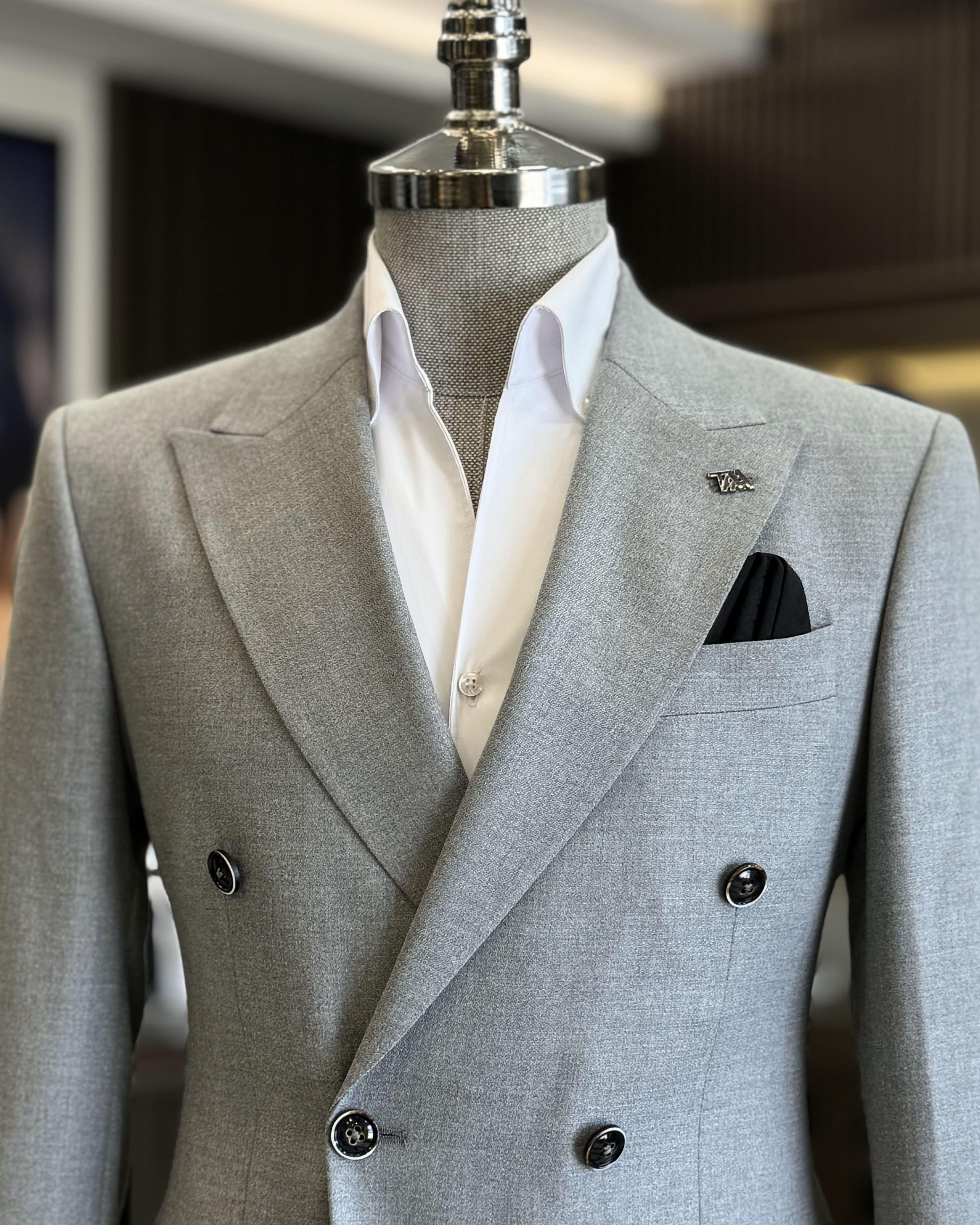 Fancy Light Gray Newest Double Breasted Close Fitting Men's Formal Suits