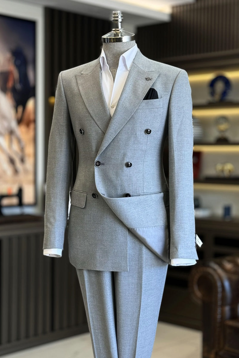 Fancy Light Gray Newest Double Breasted Close Fitting Men's Formal Suits