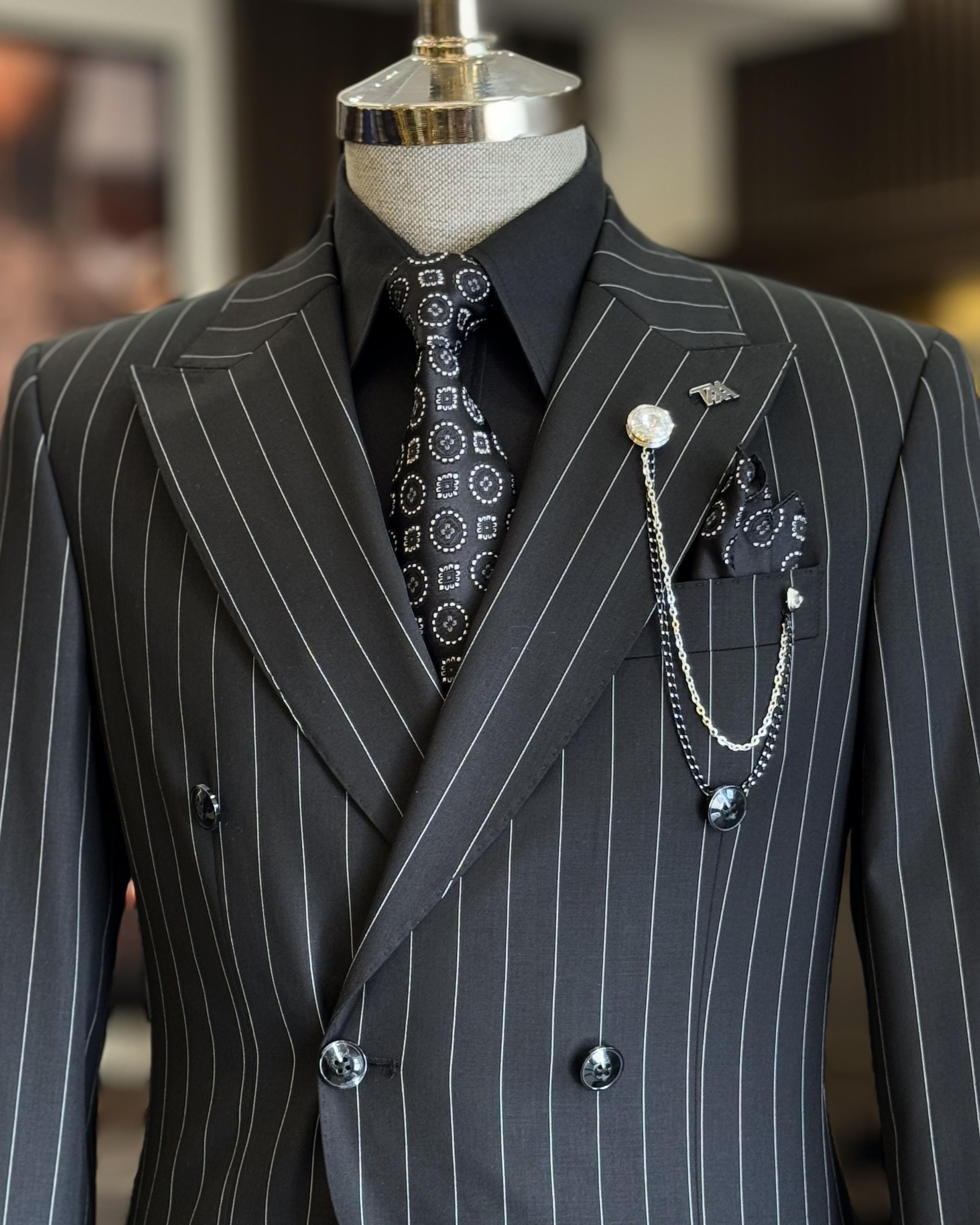 Modern Black Striped Double Breasted Slim Fitting Men's Formal Suits