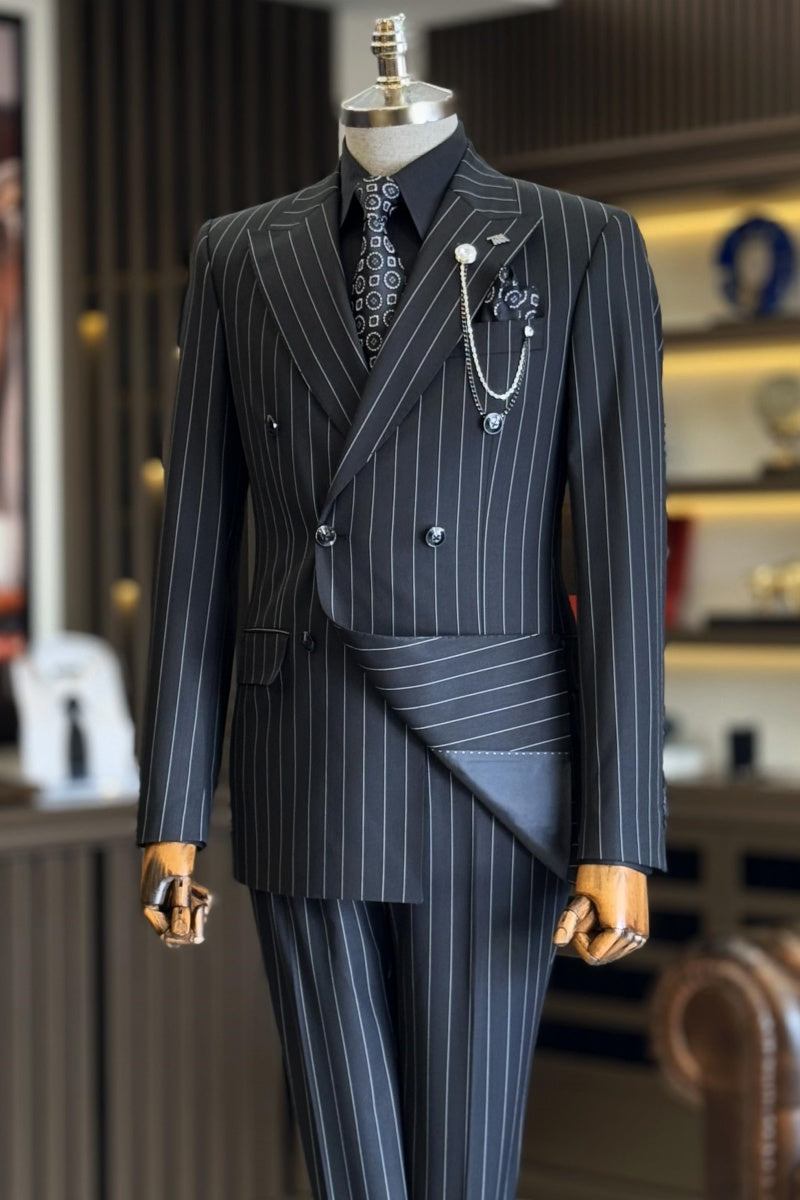 Modern Black Striped Double Breasted Slim Fitting Men's Formal Suits