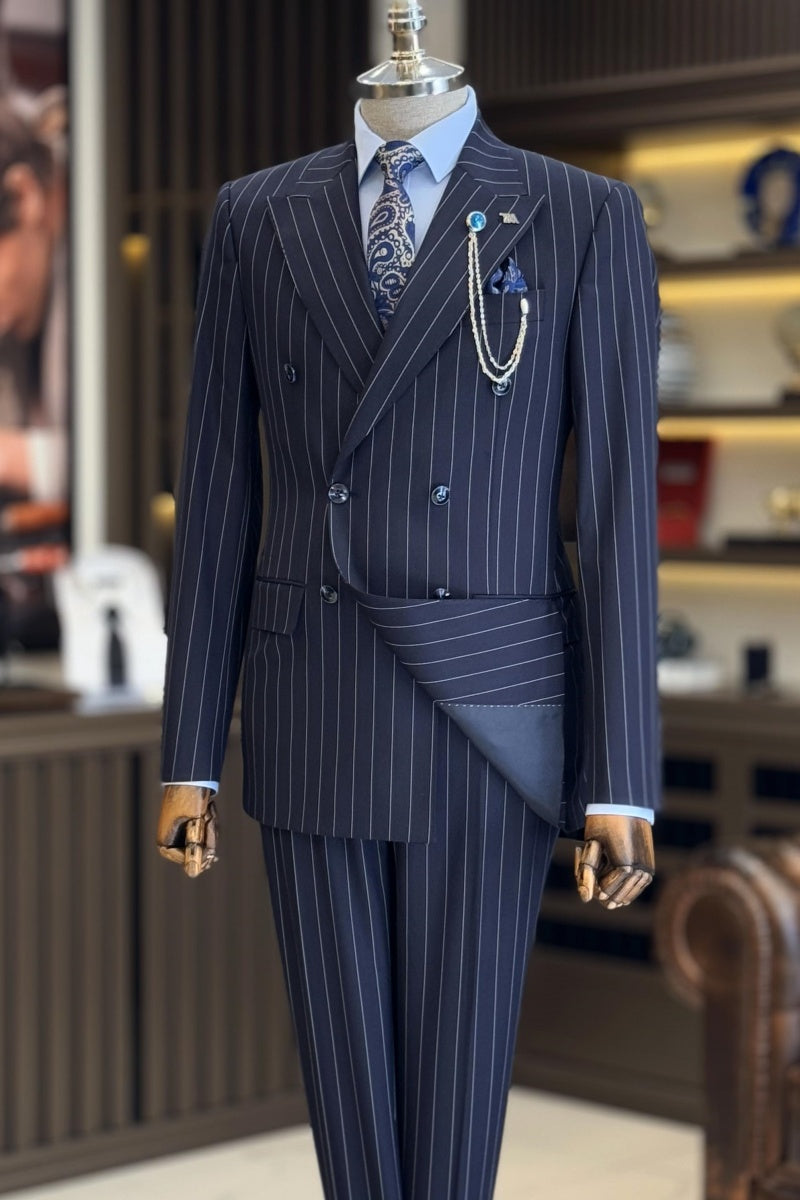 Chic Dark Blue Double Breasted Pinstriped Men's Formal Suits