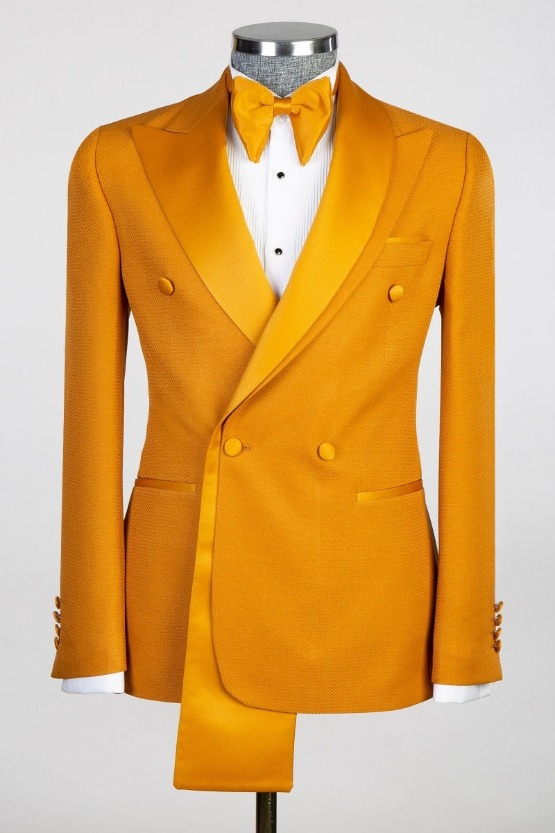 Stylish Orange Peaked Lapel with Two-Layer Satin Double Breasted Men's Suit