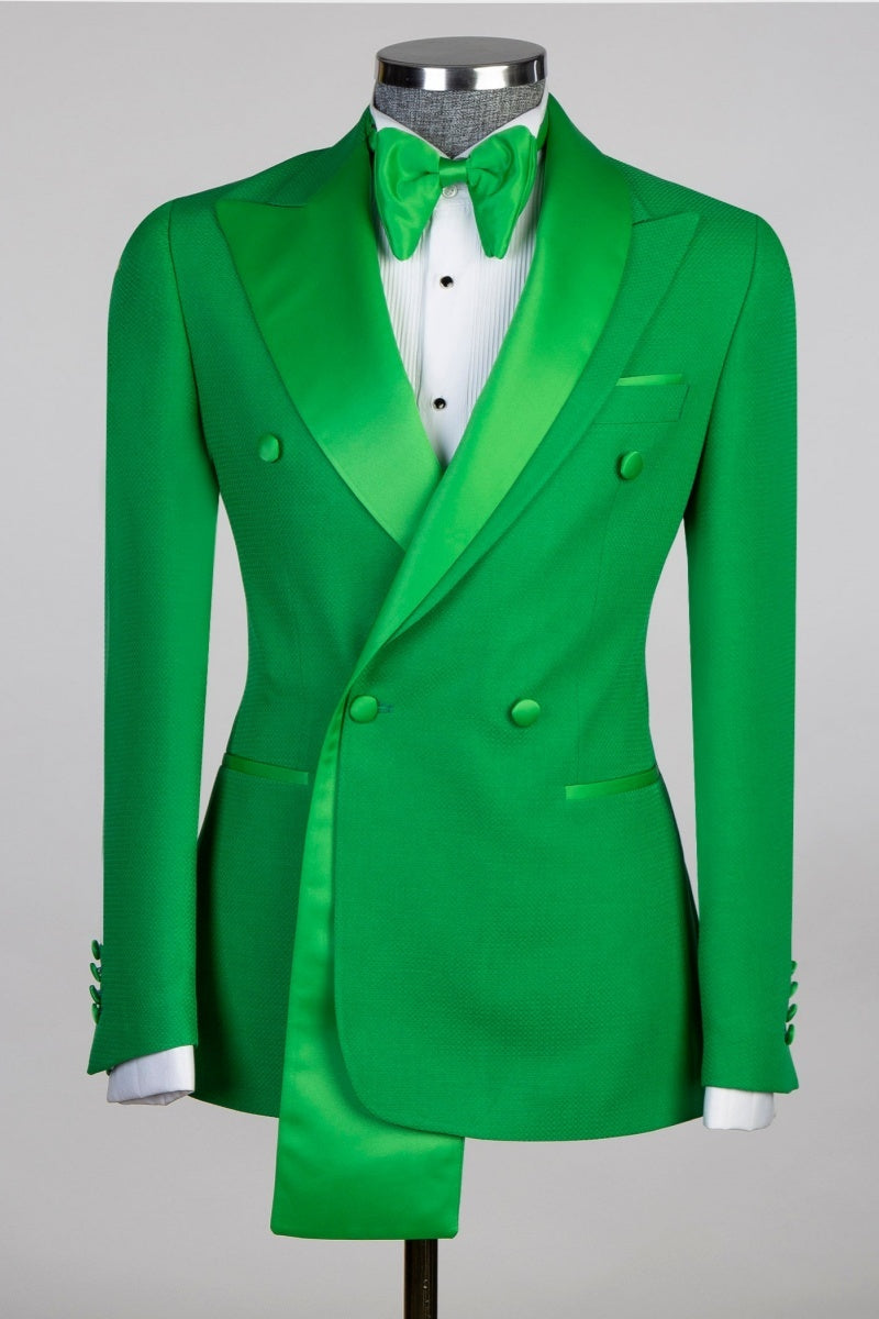 Fashion Green Peaked Lapel with Two-layer Satin Double Breasted Prom Suits