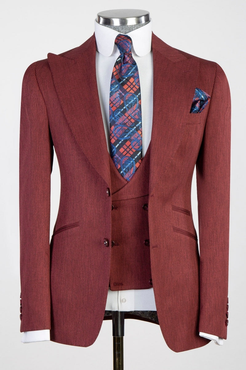 Deep Red Bespoke Peaked Lapel Prom Suits With Waistcoat