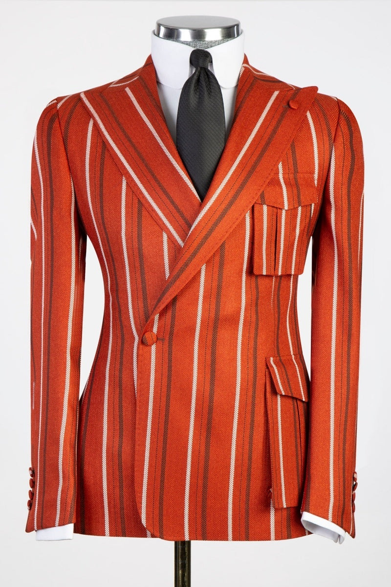 Stylish Orange Red Stripe Peaked Lapel Prom Suits