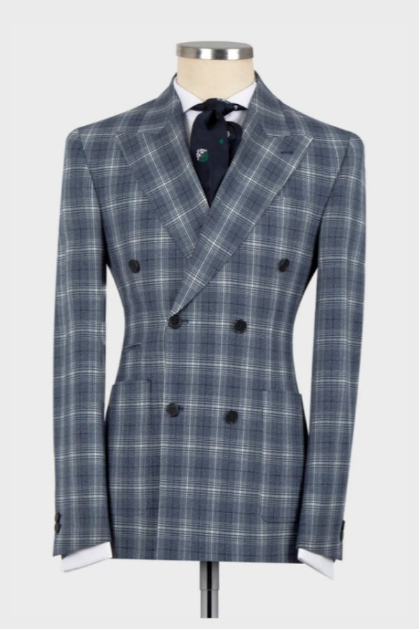 Stylish Blue-Gray Plaid Peaked Lapel Double Breasted Formal Suits