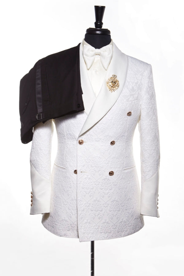 Newest Gentle White Jacquard Shawl Lapel Double Breasted Wedding Men Suits