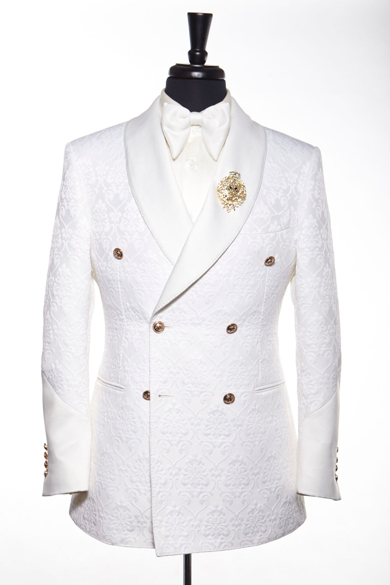 Newest Gentle White Jacquard Shawl Lapel Double Breasted Wedding Men Suits