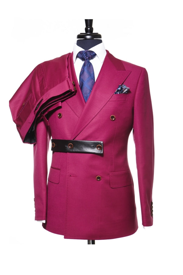 Unique Design Rose Red Peaked Lapel Double Breasted Prom Suit