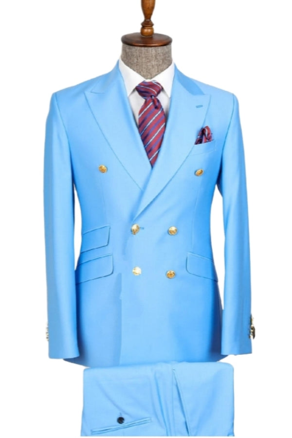 Trendy Blue Peaked Lapel Bespoke Double Breasted Prom Suit