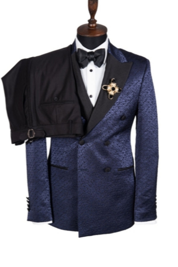 Handsome Dark Navy Jacquard Peaked Lapel Double Breasted Prom Men Suits