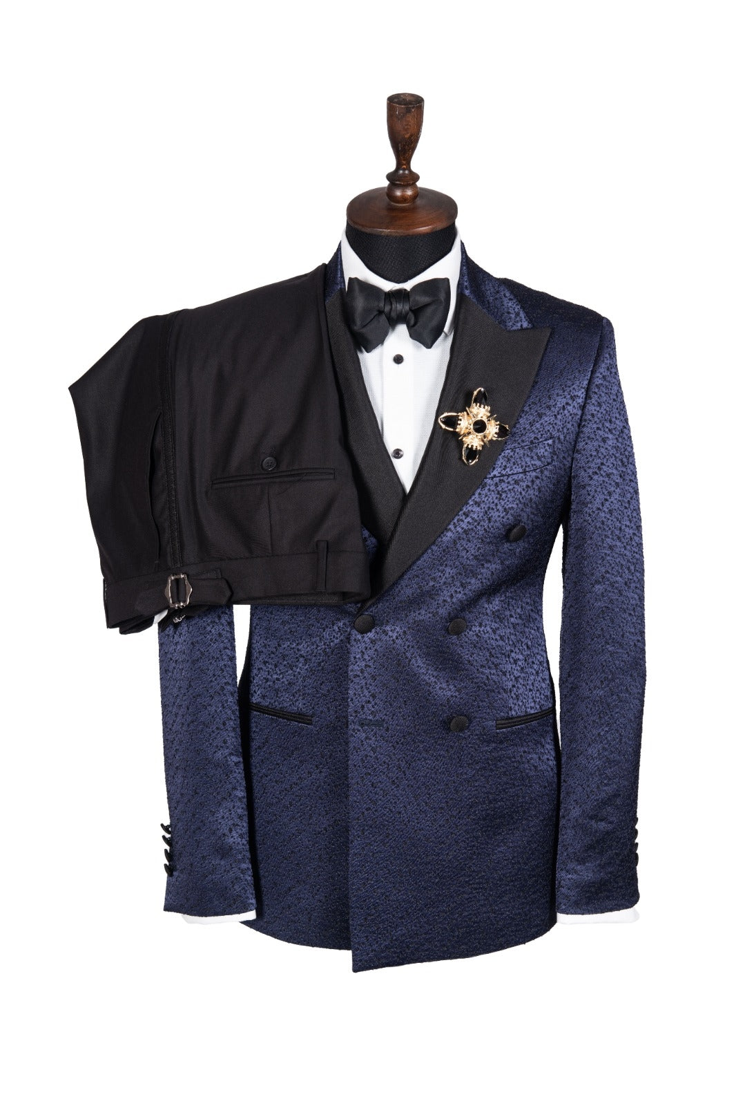 Handsome Dark Navy Jacquard Peaked Lapel Double Breasted Prom Men Suits