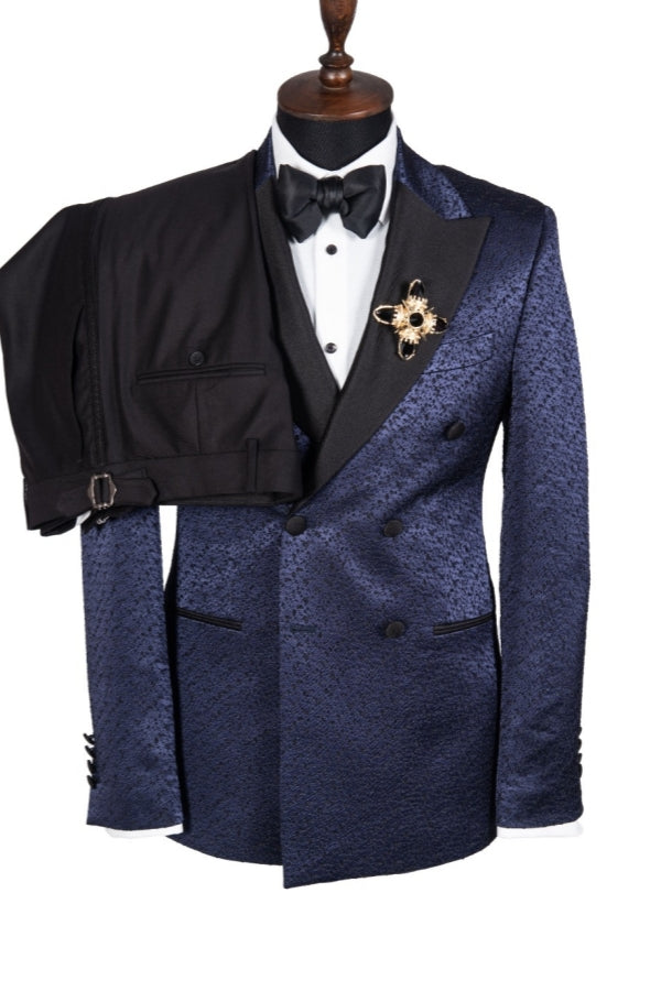 Handsome Dark Navy Jacquard Peaked Lapel Double Breasted Prom Men Suits