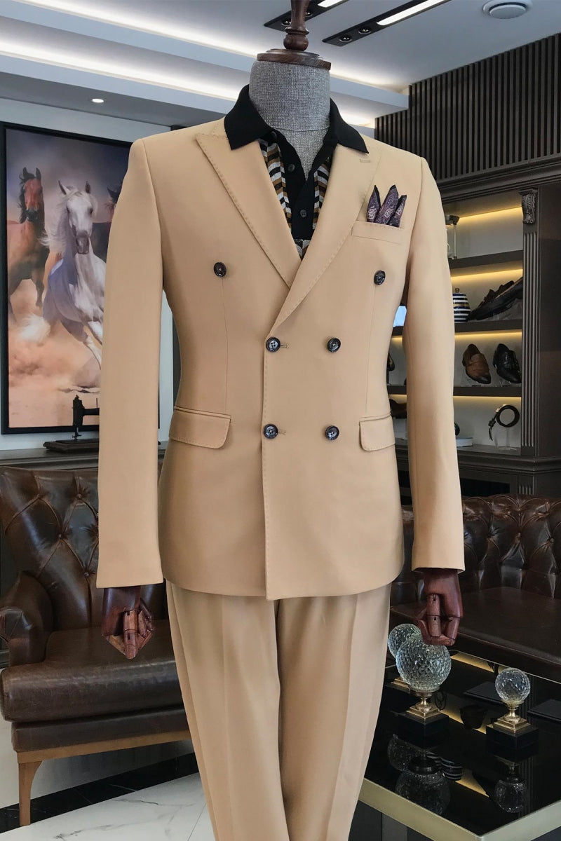 Stylish Cream-Brown Double Breasted Slim Fit Suits For Men