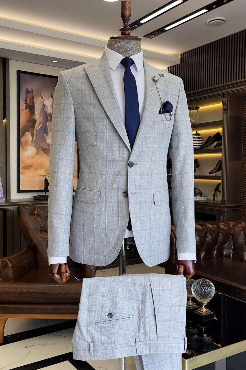 Light Gray Plaid Bespoke Formal Slim Fit Suits For Men
