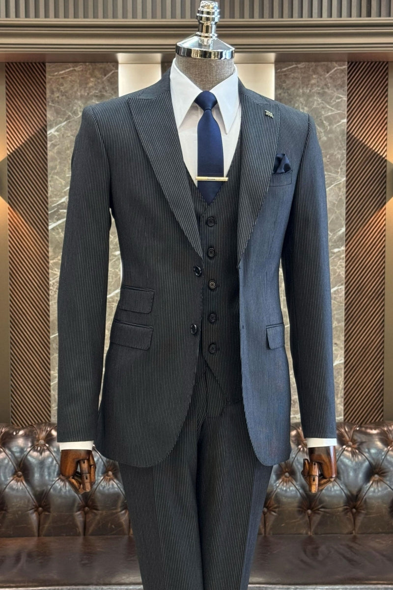 Chic Dark Gray Striped 3 Pieces Slim Fit Formal Suits