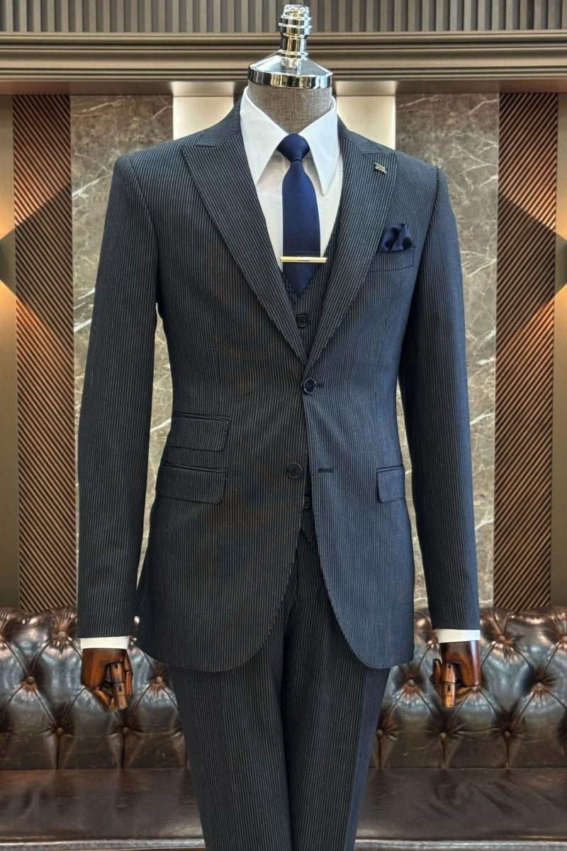 Chic Dark Gray Striped 3 Pieces Slim Fit Formal Suits