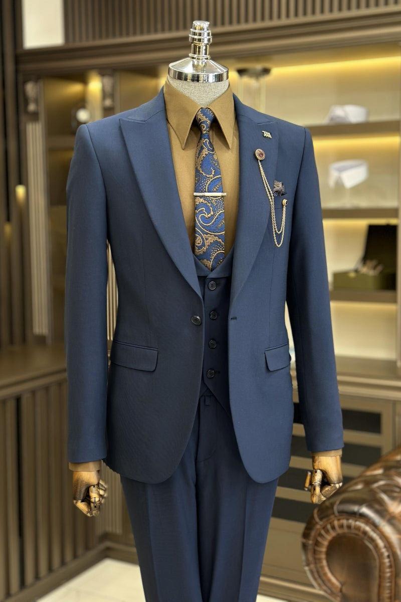 Stylish Navy Blue Close Fitting Simple Suits For Men With Waistcoat