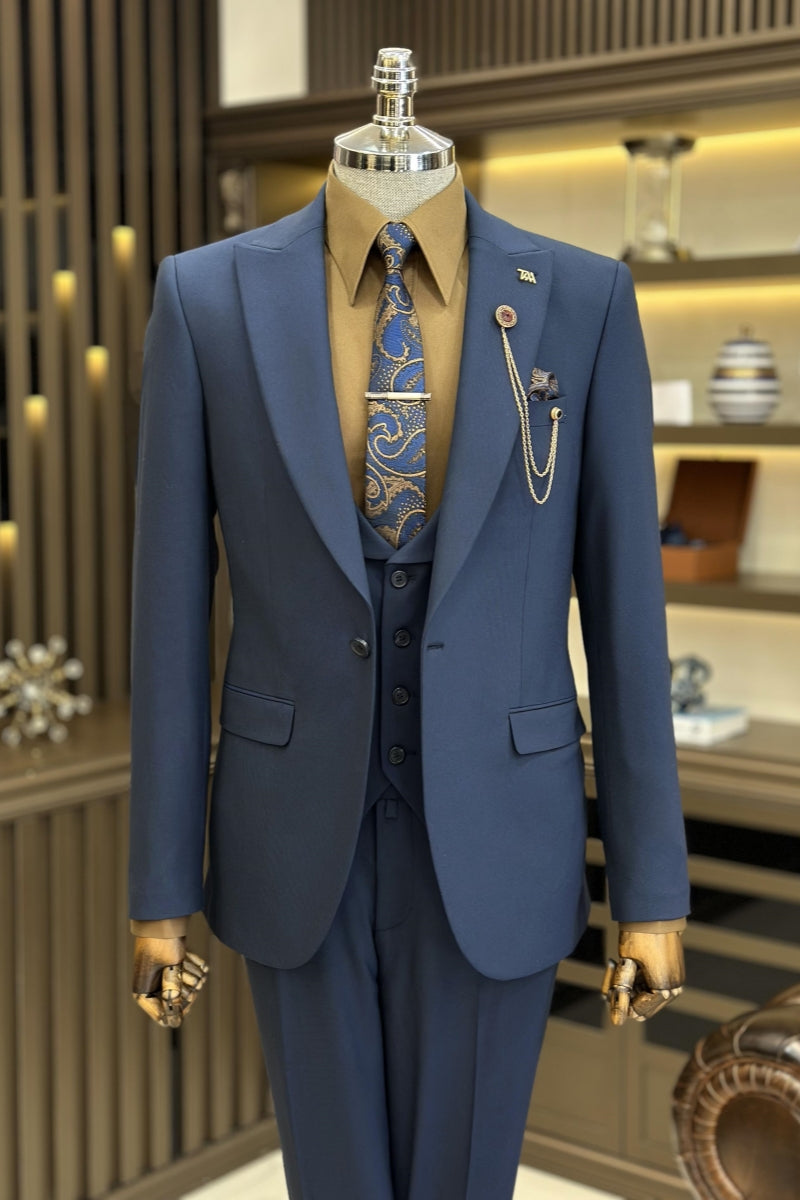 Stylish Navy Blue Close Fitting Simple Suits For Men With Waistcoat