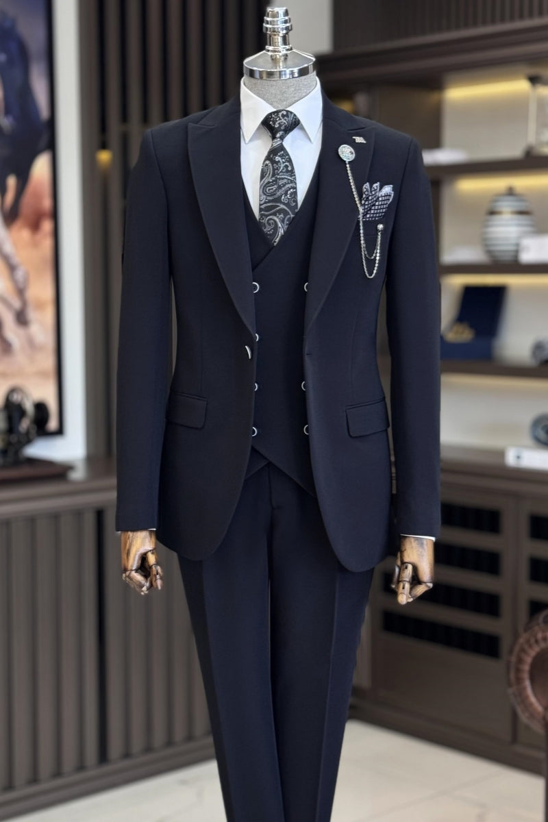Steady Dark Navy 3 Pieces Slim Fit Business Suits With Vest