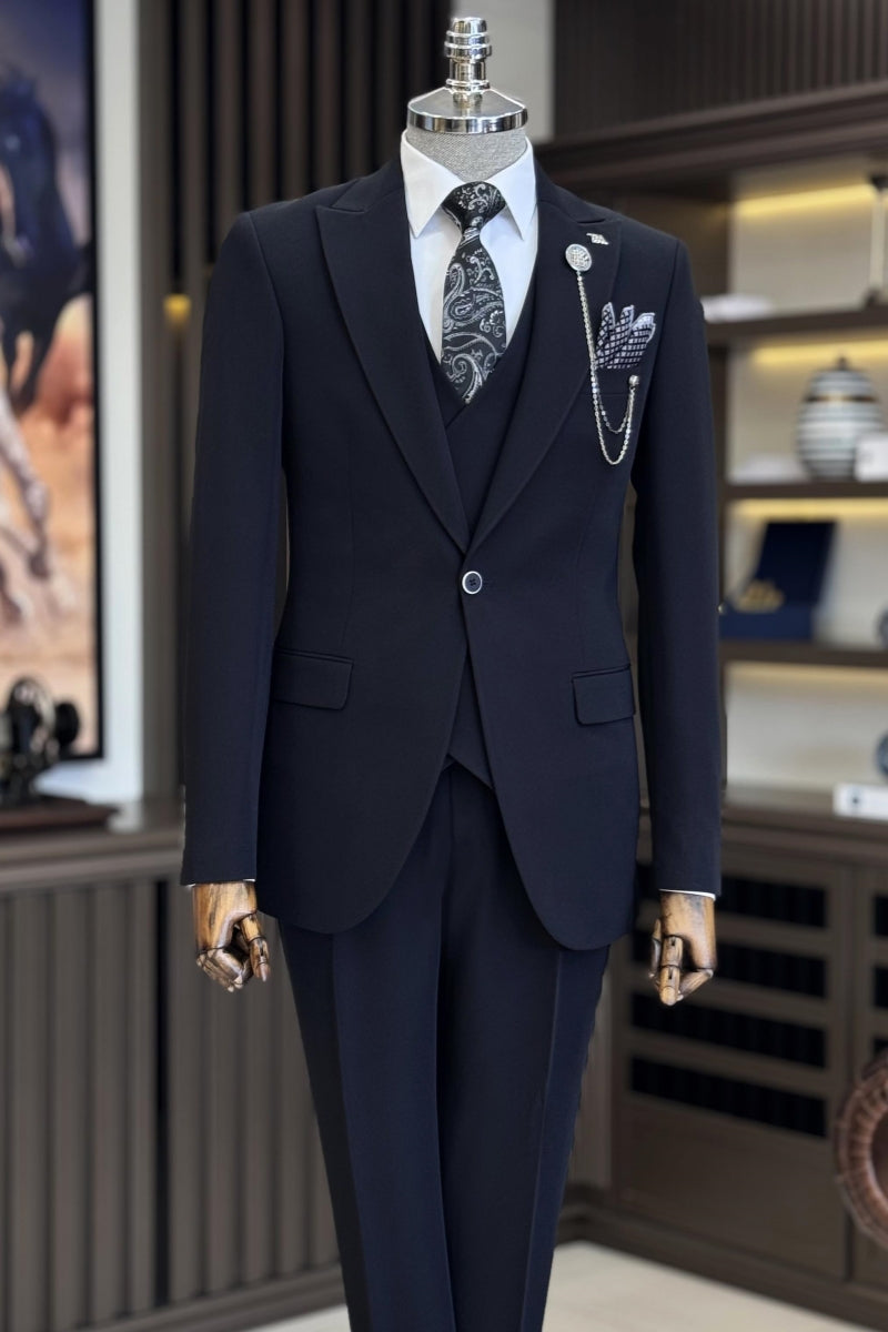 Steady Dark Navy 3 Pieces Slim Fit Business Suits With Vest