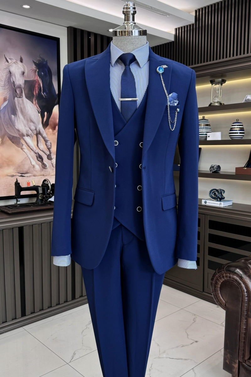 Fashion Royal Blue 3 Pieces Chic Business Suits With Waistcoat