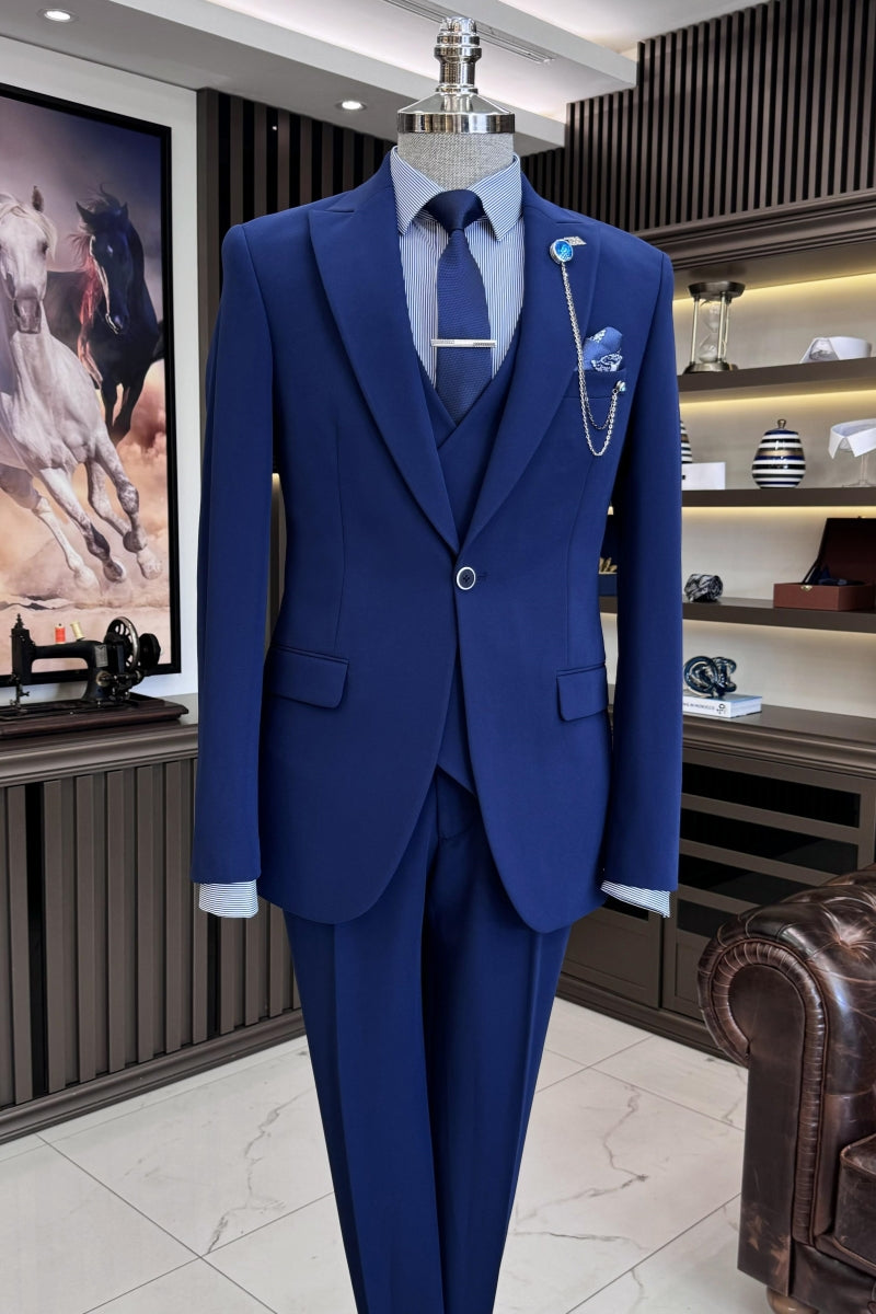 Fashion Royal Blue 3 Pieces Chic Business Suits With Waistcoat