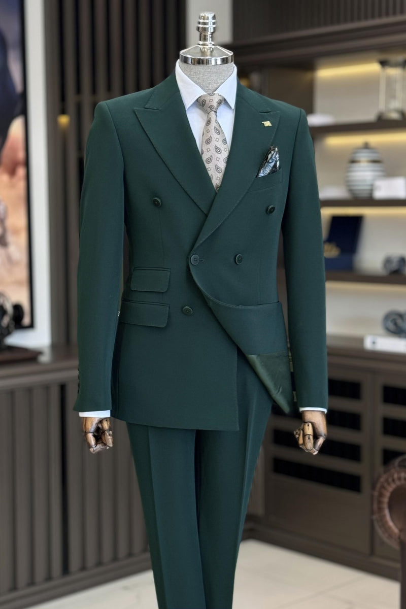 Modern Dark Green Double Breasted Business Men Suits
