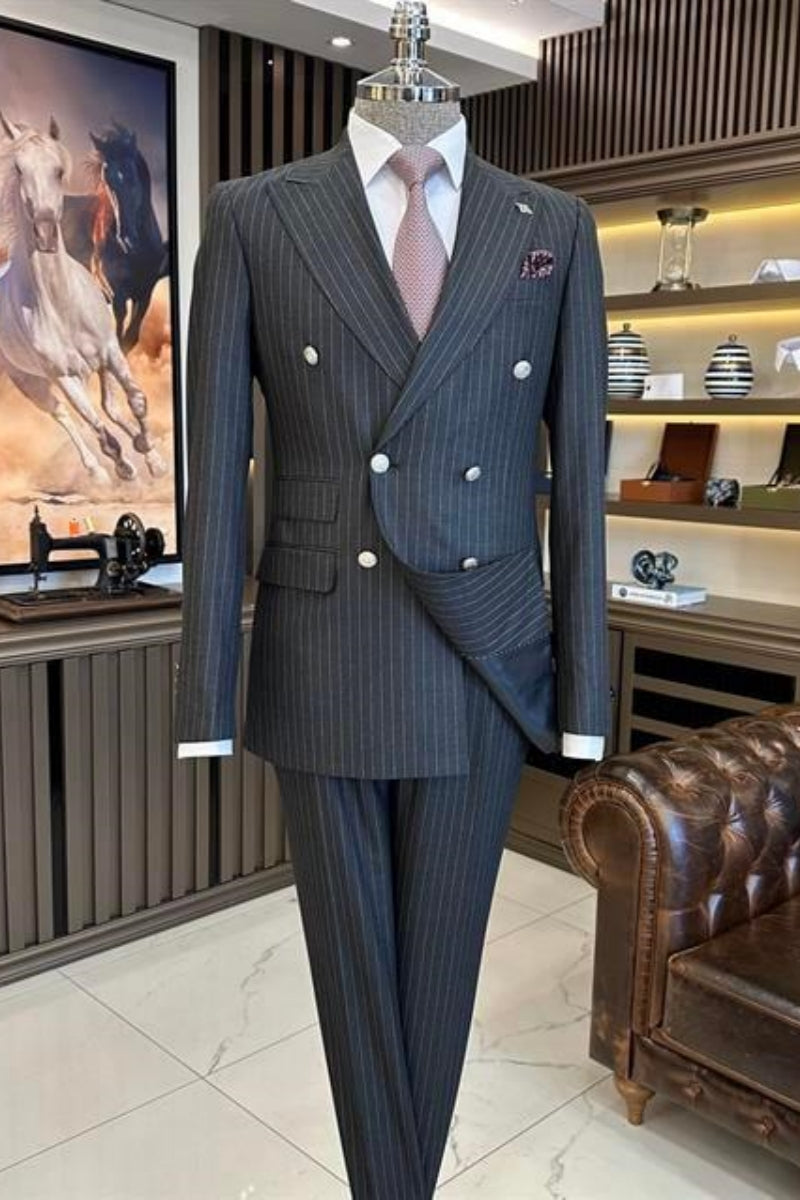 Newset Dark Gray Close Fitting Double Breasted Striped Formal Men Siuts