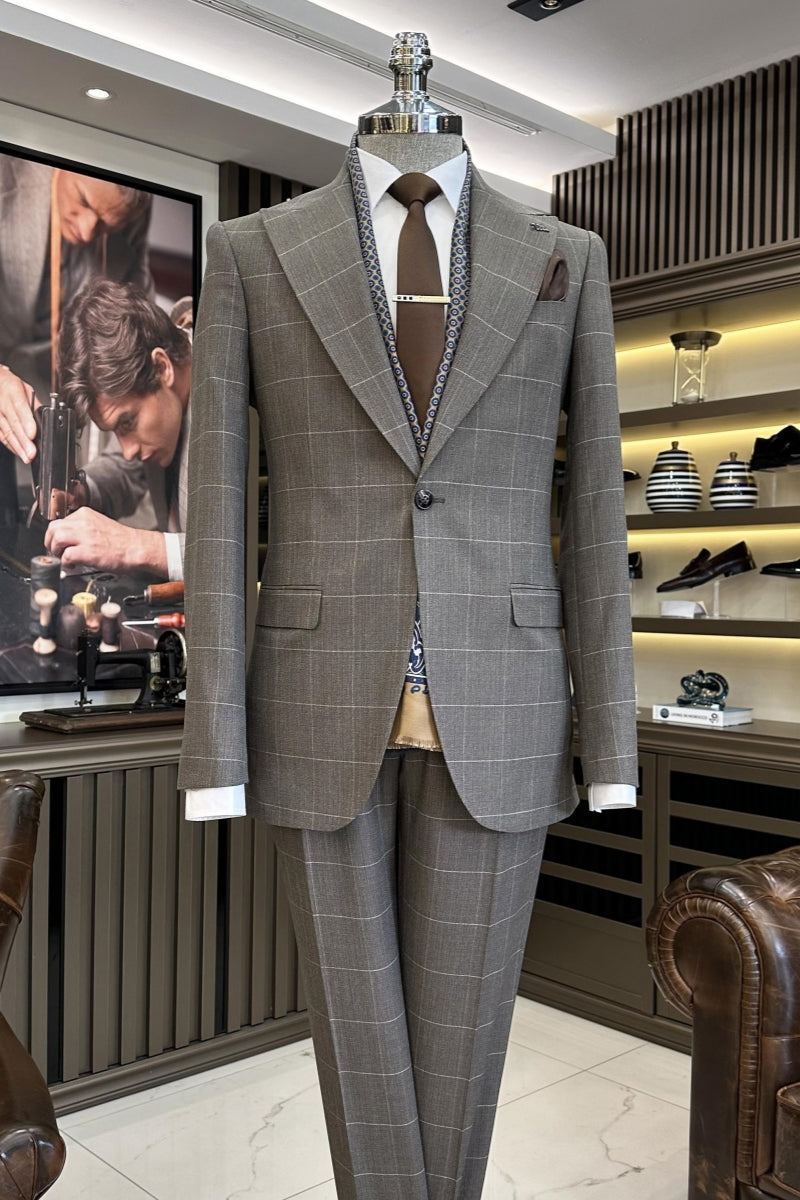Newest Khaki Plaid Peaked Lapel Slim Fit Business Suits