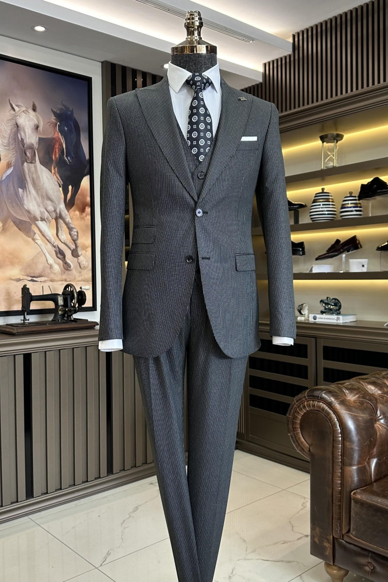 Slim Fit 3 Pieces Dark Gray Striped Business Men Suits